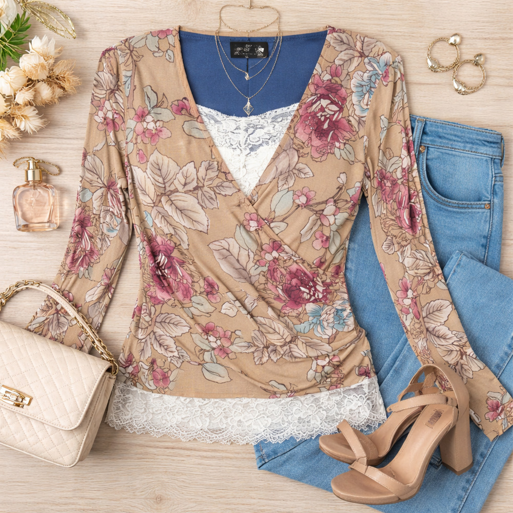 The Limited Floral Wrap Top Sheer Nylon Long Sleeve Blouse L